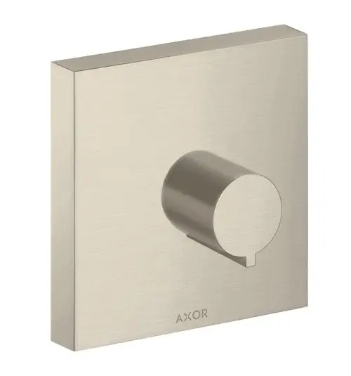 Wandmontiertes Absperrventil aus gebürstetem Nickel mit runder Steuerung. Produkt der Marke AXOR, rechteckige Grundfläche.